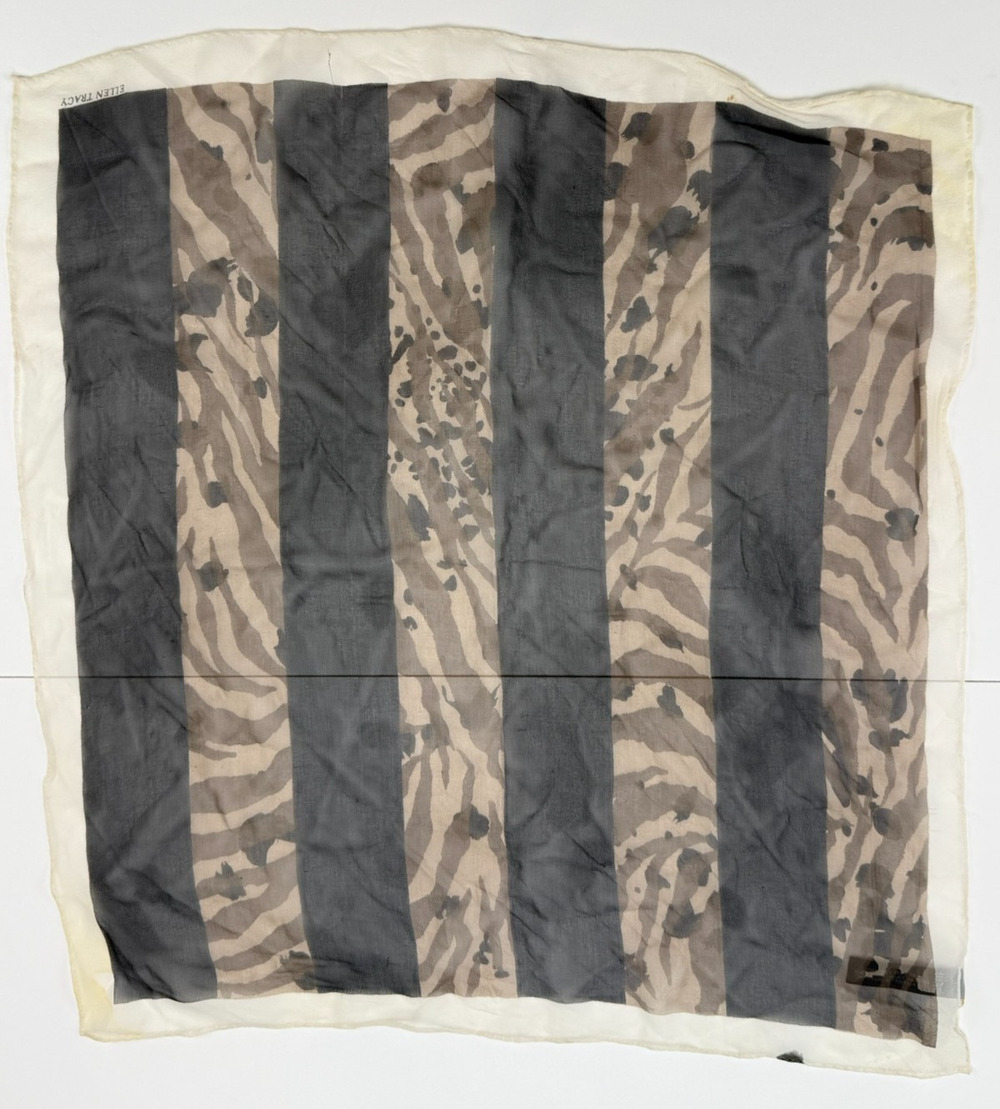 Ellen Tracy Womens 100% Silk Scarf Zebra Animal Print Gray Taupe Ivory 21x19